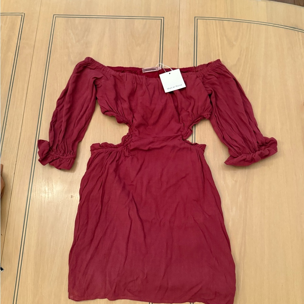 Vici Red Off-Shoulder Bishop Sleeve Mini Dress